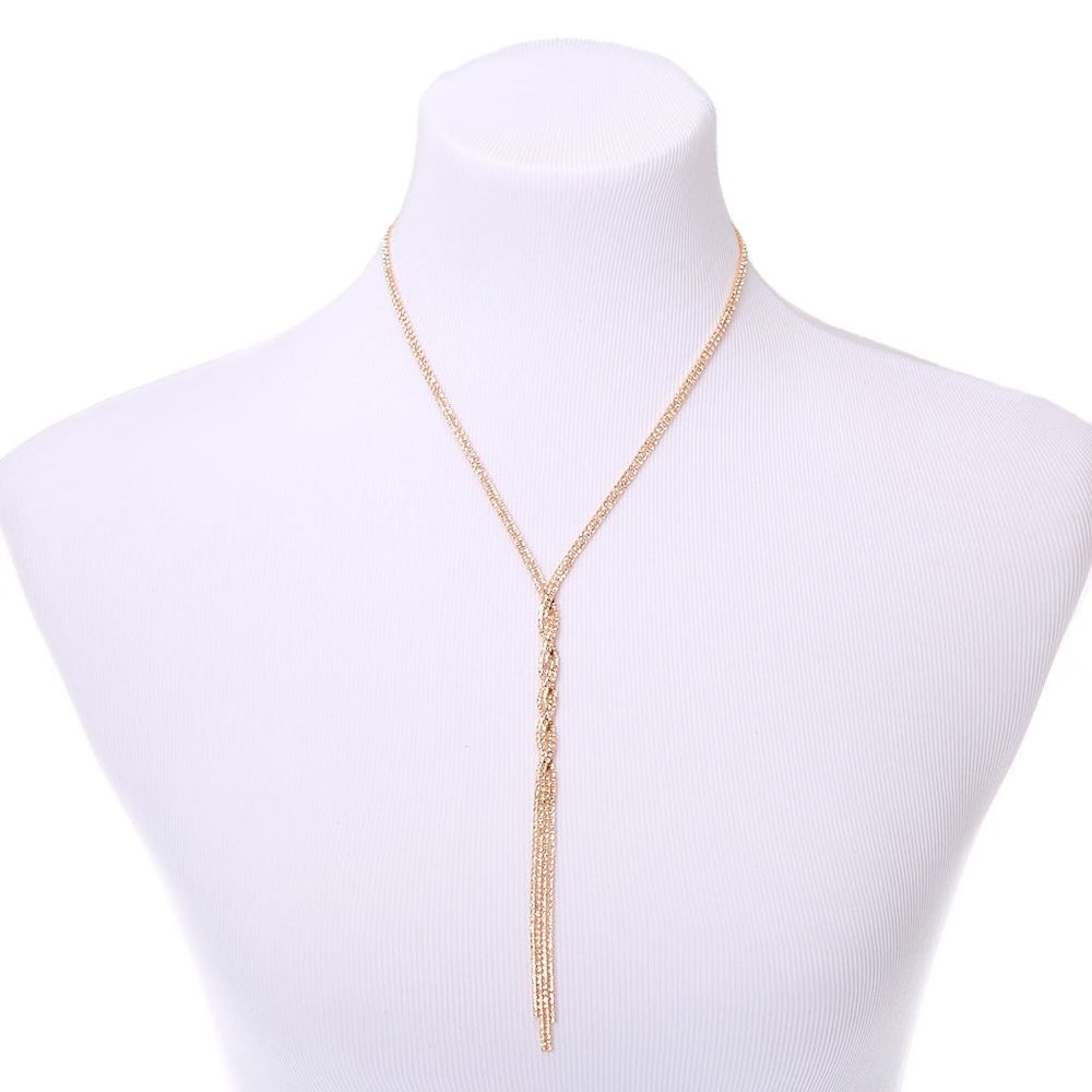 NEW ROSE GOLD RHINESTONE BRAIDED TWIST Y-NECK PENDANT LONG NECKLACE - Picture 2 of 3